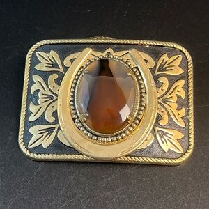 Vintage Horseshoe Buckle with Amber Cabochon - Gold and Brown